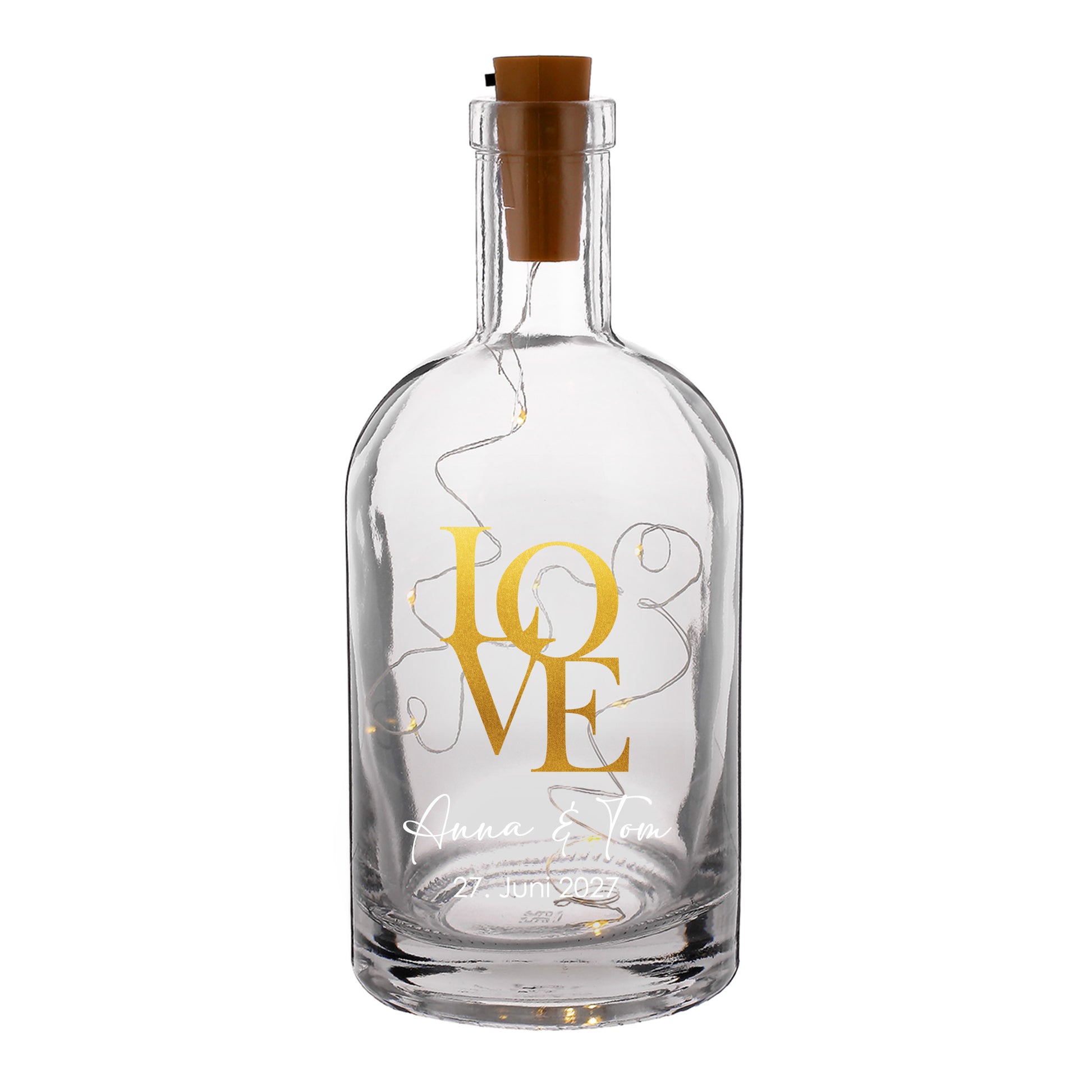 Produktansicht: LED-Karaffe mit goldenem LOVE-Motiv, Namen und Datum auf weißem Hintergrund