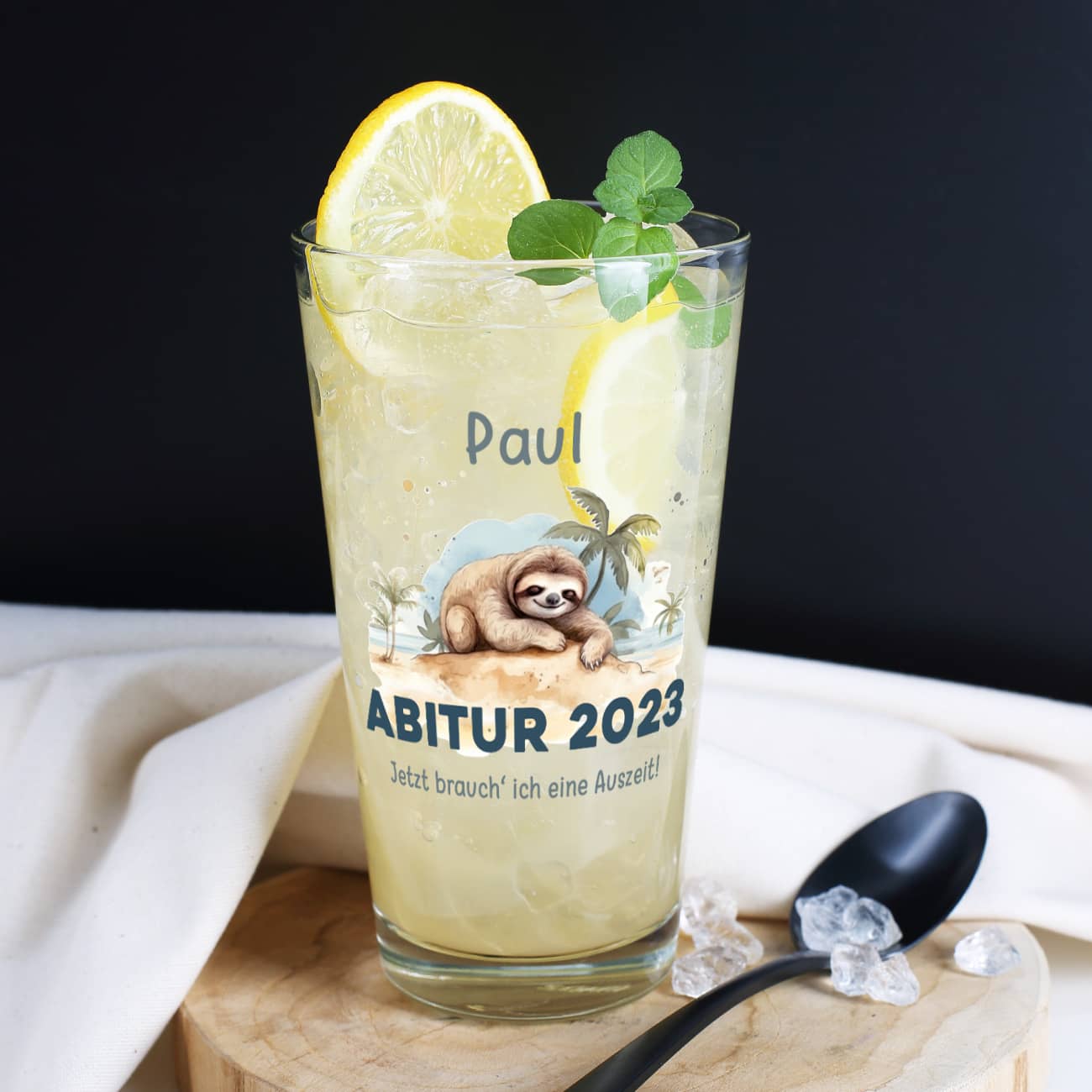 ABI  - Trinkglas mit Faultier, Name und Wunschtext