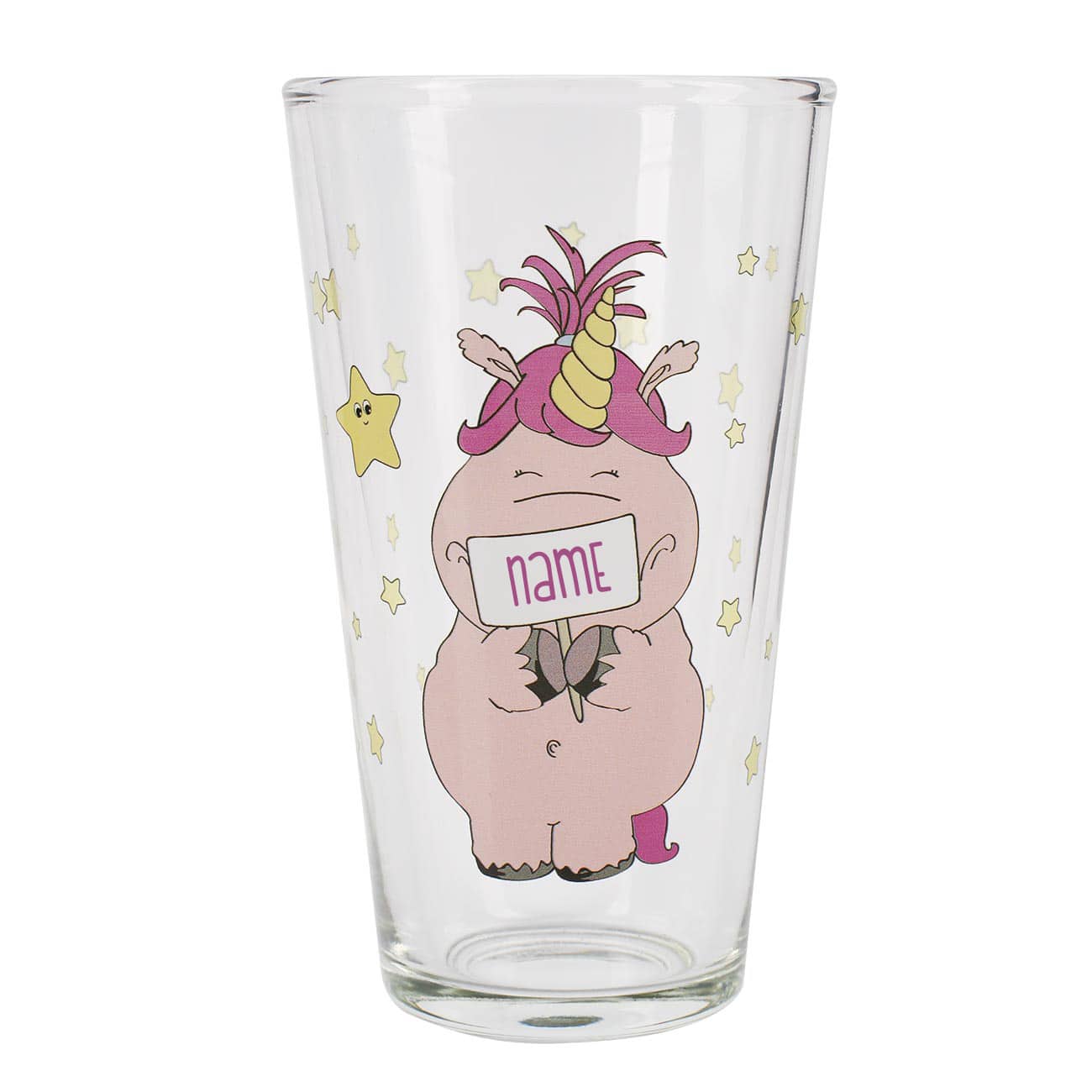 Trinkglas mit Wunschname und Knuddelhorn-Motiv