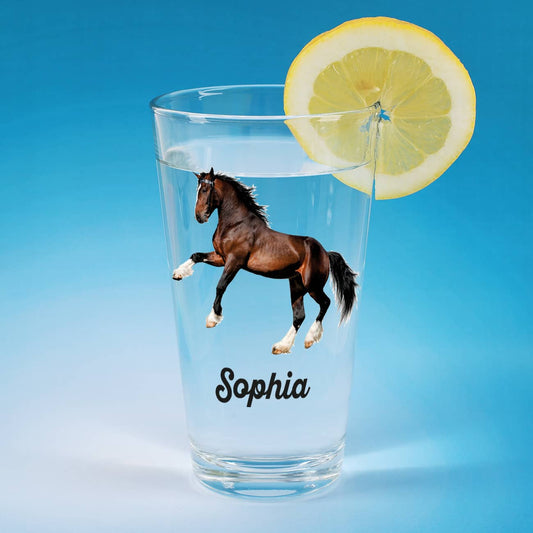 Bedrucktes Trinkglas mit Clydesdale Pferd und Name