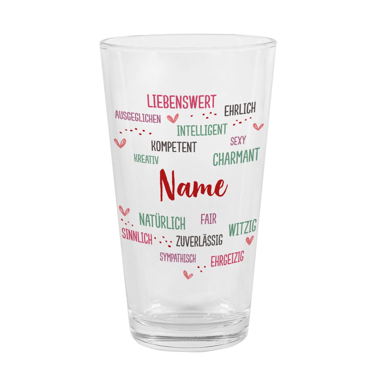 Trinkglas mit positiven Eigenschaften, Herzen und Name bedruckt