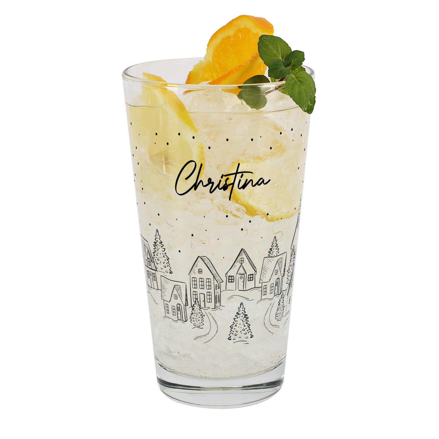 Trinkglas mit Wintermotiv und Namensaufdruck Christina, dekorativ mit Zitrone und Minze.