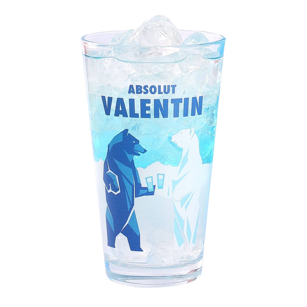 Vodkaglas mit Name und umlaufender Abbildung trinkender Eisbären in sibirischer Eislandschaft