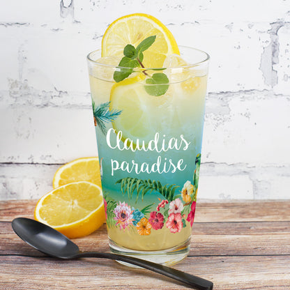 Trinkglas mit Paradies Motiv mit Name personalisiert