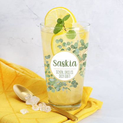Trinkglas mit Eukalyptus-Motiv und Name personalisiert