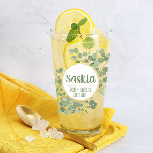 Trinkglas mit Eukalyptus-Motiv und Name personalisiert