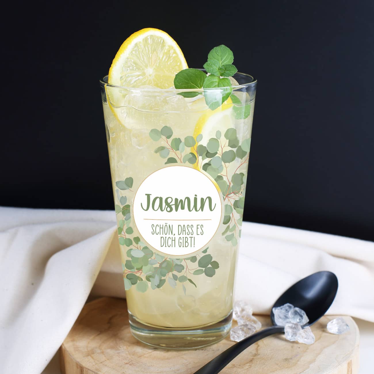 Bedruckt mit Aufschrift "Schön, dass es dich gibt" und Name nach Wunsch