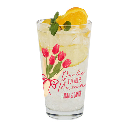 Trinkglas mit Tulpenmotiv und Zitronengetränk sowie personalisiertem Text Hanni und Jakob