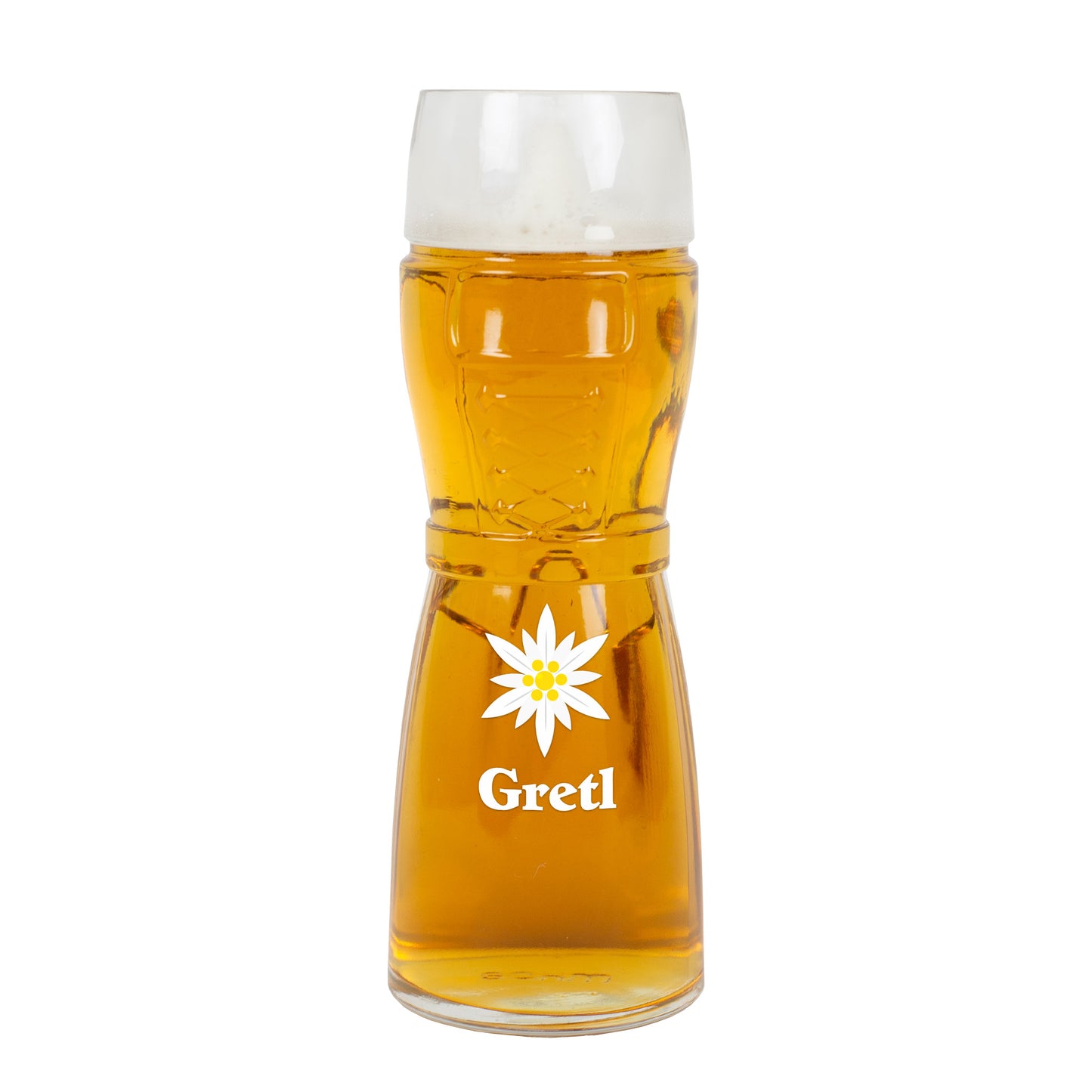 Bierglas Dirndl mit Edelweiß und Name Gretl – freigestellt