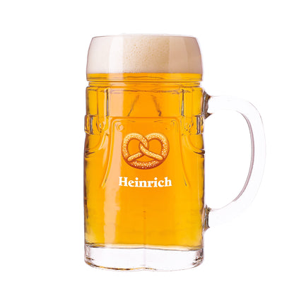 Glas-Bierkrug mit Brezel-Motiv und personalisiertem Namen Heinrich