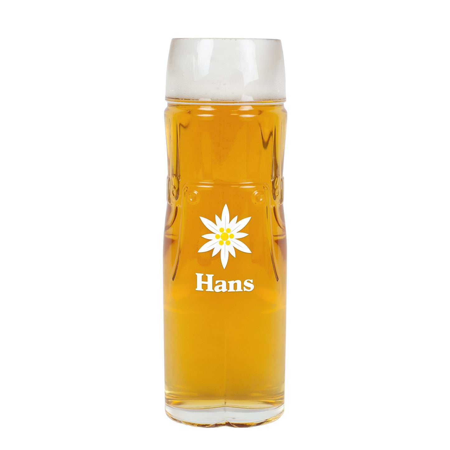 Bierglas Lederhose mit Edelweiß und Name Hans – freigestellt