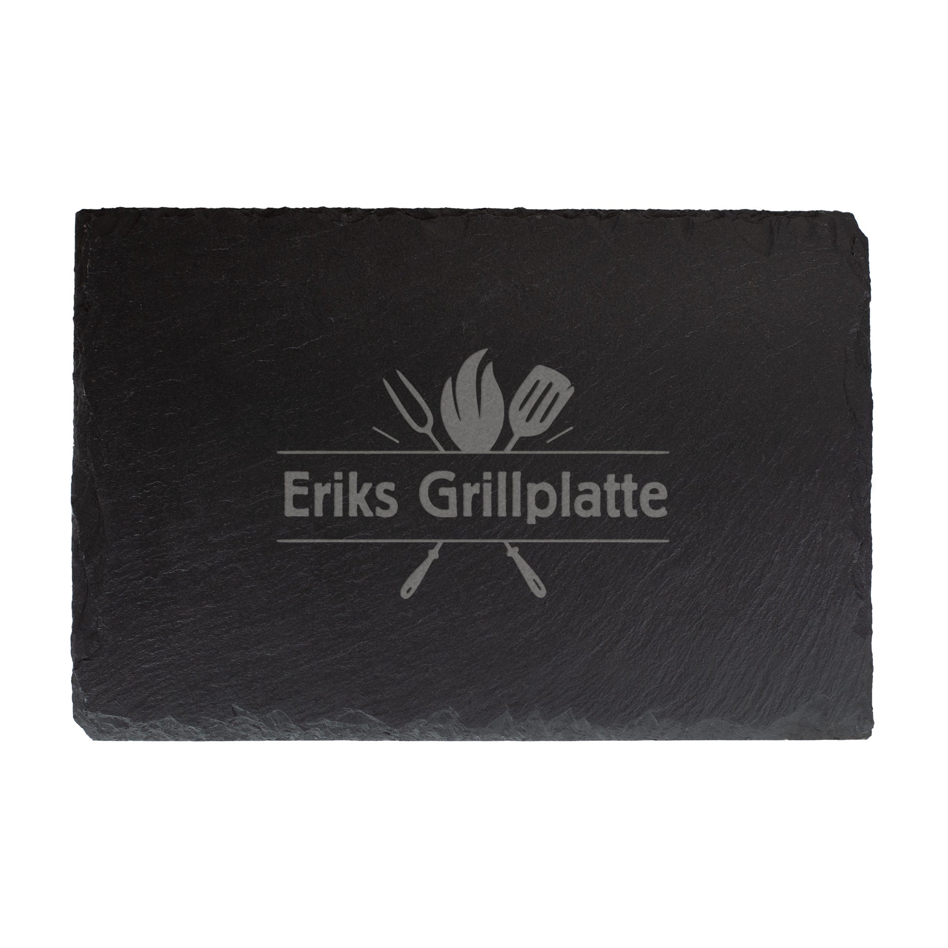 Personalisierte Grill-Schieferplatte mit Gravur „Eriks Grillplatte“ und Grillmotiv, schwarze rechteckige Form