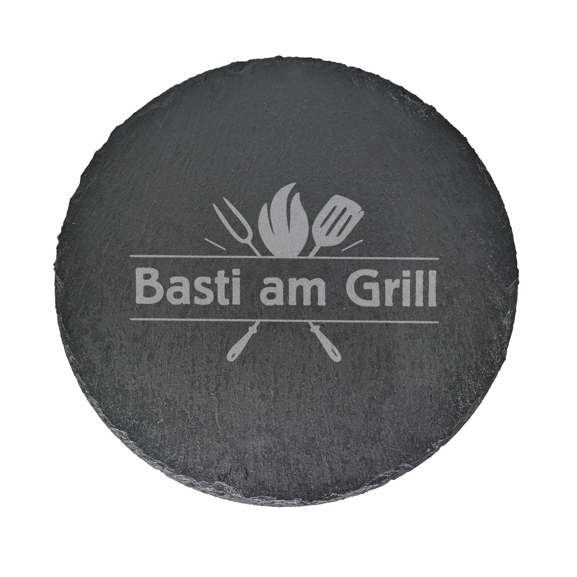 Freigestellte Schieferplatte mit Motivgravur und Wunschtext.