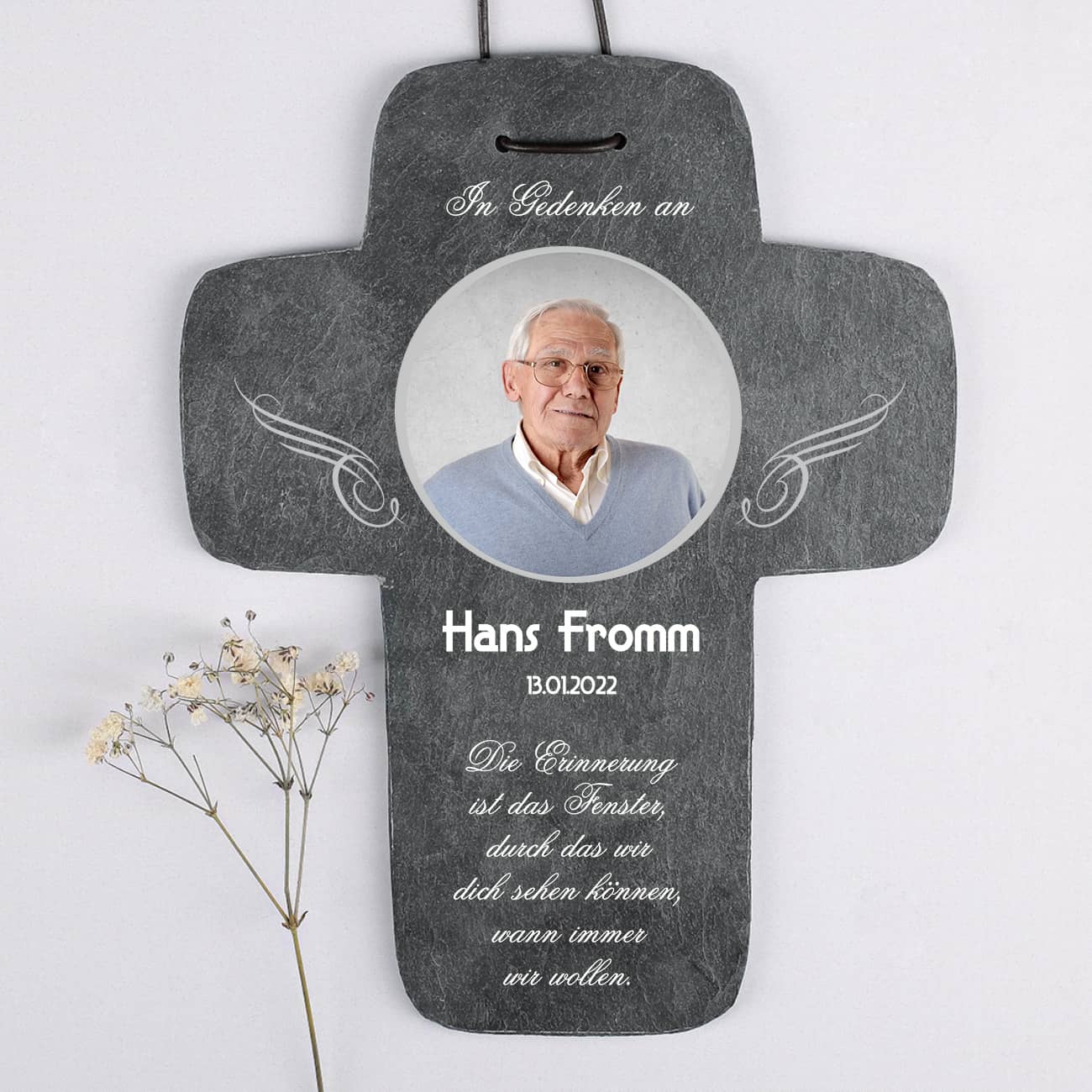 persönliches Foto-Schieferkreuz, 30 x 22 cm - In Gedenken an -