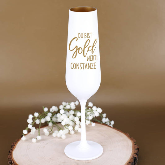 Sektglas in Weiß-Gold "Du bist Gold wert!" mit Name nach Wunsch