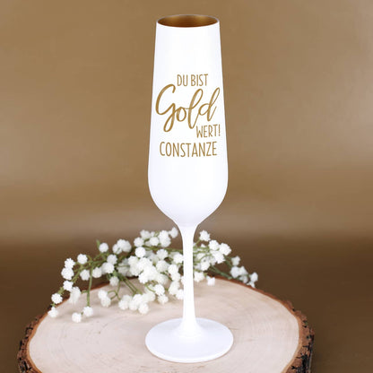 Sektglas mit Gravur "Du bist Gold wert" und Name nach Wunsch