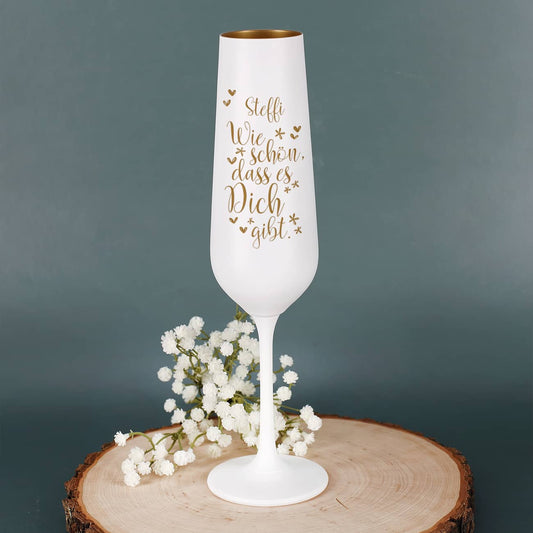 Sektglas in Weiß-Gold "Wie schön, dass es dich gibt" mit Namensgravur