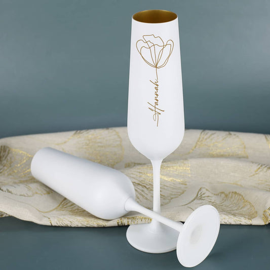 Weiß-goldenes Sektglas mit individueller Gravur nach Wunsch