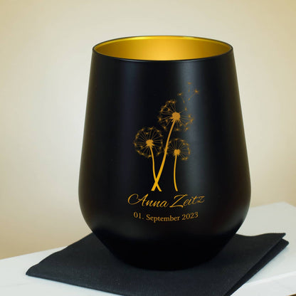 Trauerlicht in schwarz mit Pusteblume und persönlicher Gravur