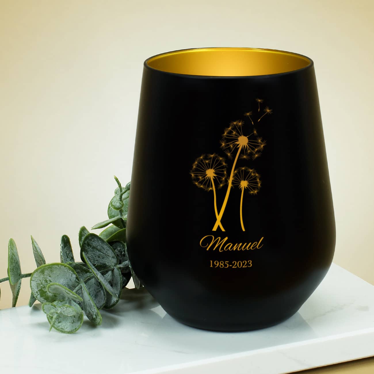 Windlicht mit Pusteblume und Ihren Wunschangaben graviert