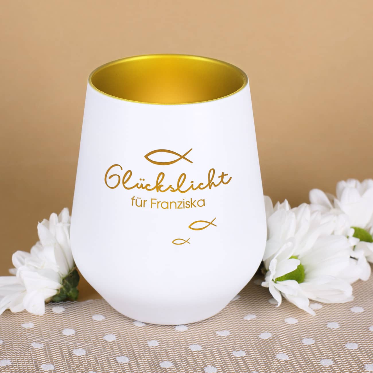 Windlicht Weiß-Gold mit Spruch "Glückslicht" und Text  und Fischen graviert
