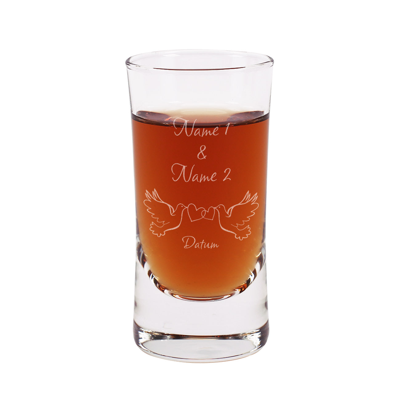 Schnapsglas zur Hochzeit mit Tauben, Namen und Datum
