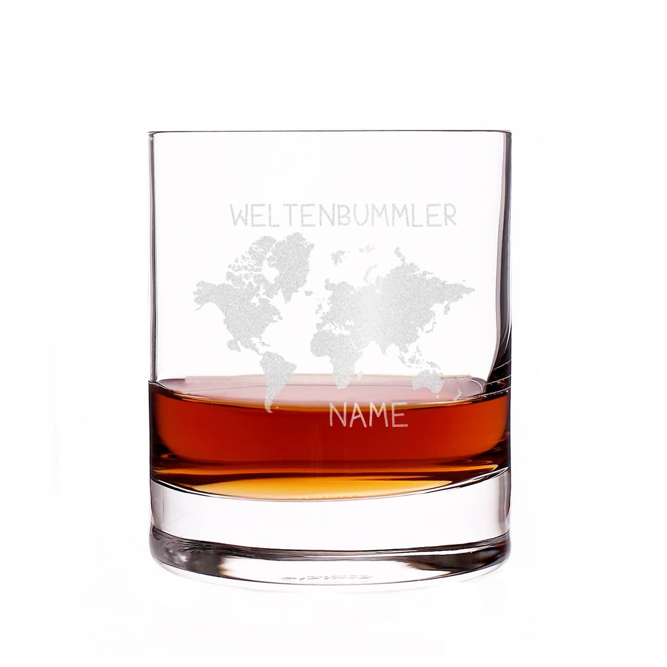Whiskeyglas mit Weltenbummler Motiv und Namensgravur