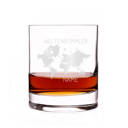 Whiskeyglas mit Weltenbummler Motiv und Namensgravur
