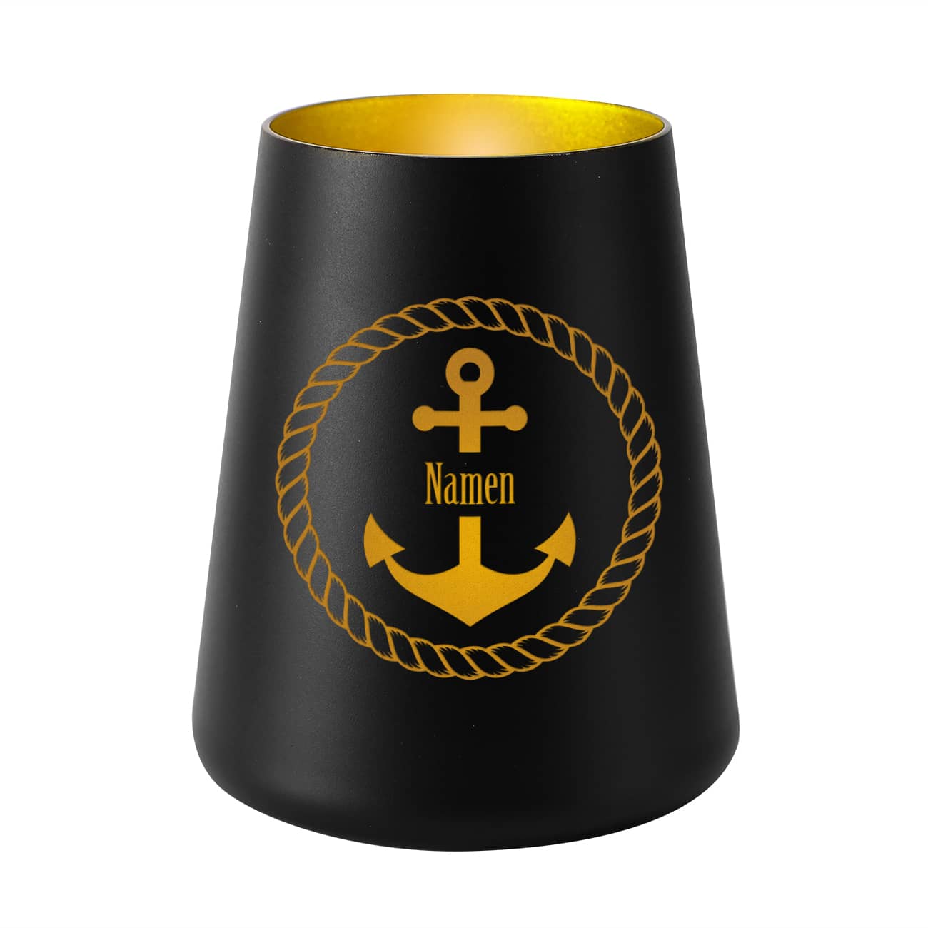 Windlicht in Schwarz mit Innenseite in Gold graviert mit Namen nach Wunsch
