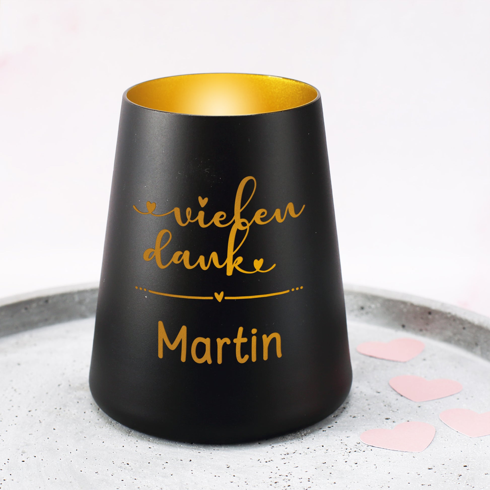 Schwarzes Dekolicht mit vielen Dank Schriftzug, Name Martin und goldfarbener Innenseite