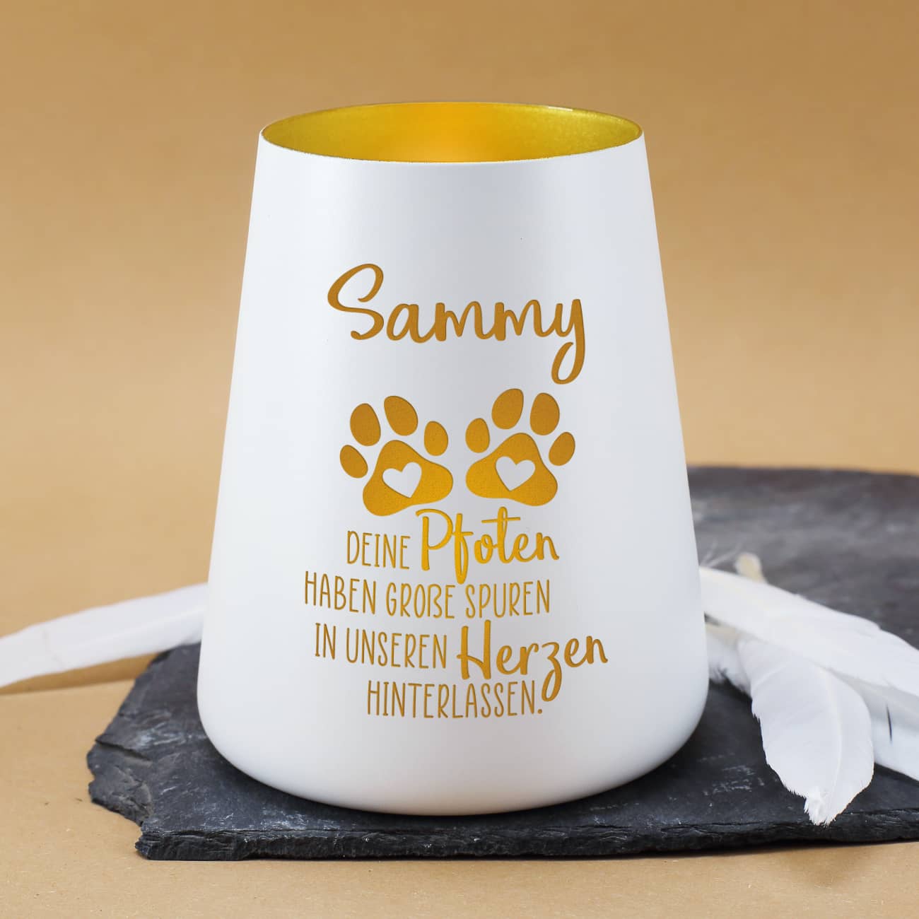 Trauerwindlicht für Tiere mit Pfoten, Spruch und Name