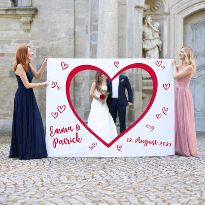 Großes Stoffbanner zum Ausschneiden zur Hochzeit - mit Ihrem Foto, Namen und Datum bedruckt