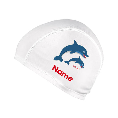 personalisierte Badekappe für Kinder mit Delfinen und Wunschname