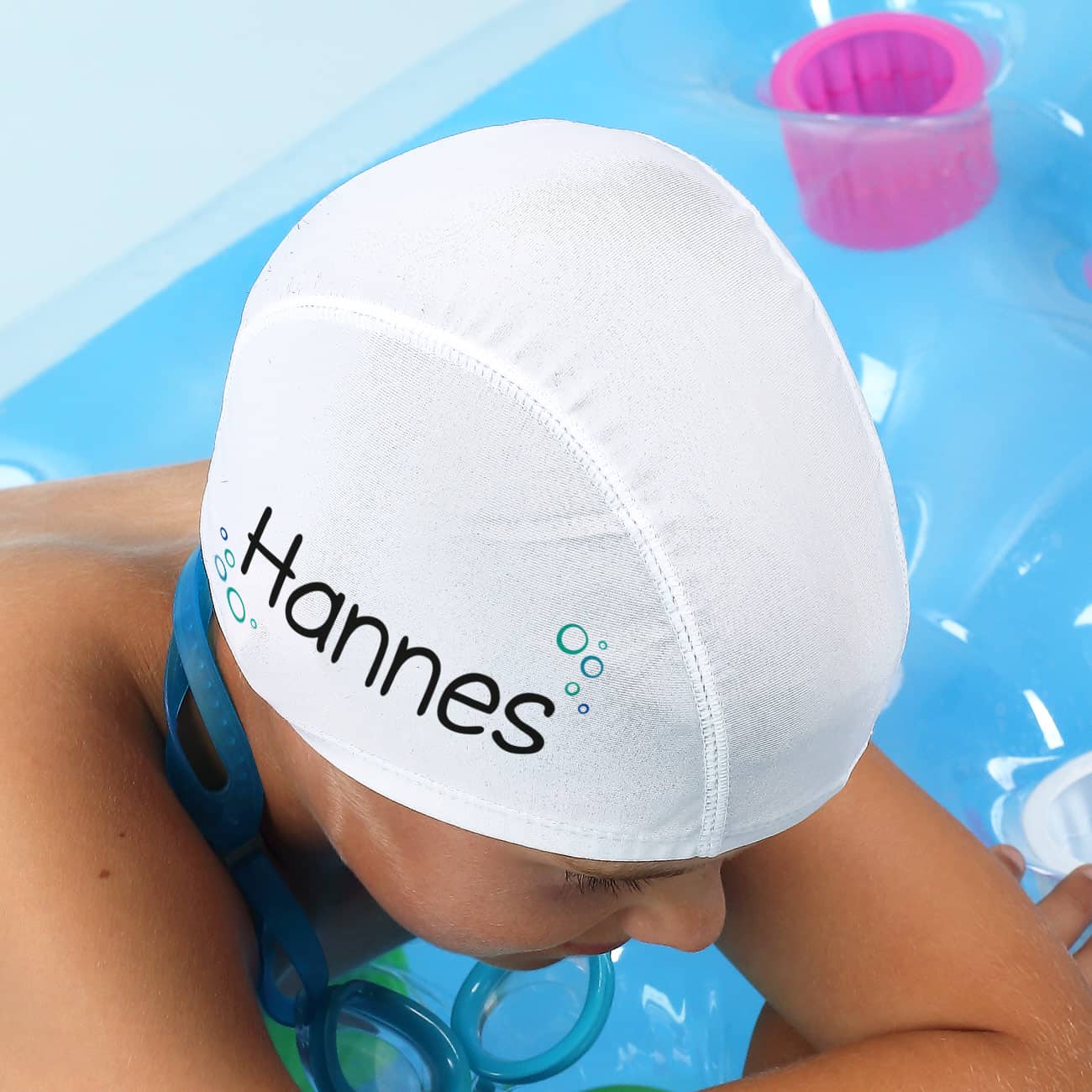 Badekappe mit Wunschname und Blubberblasen bedruckt