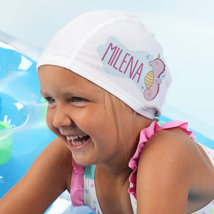 Badekappe mit Seepferdchen und Wunschname