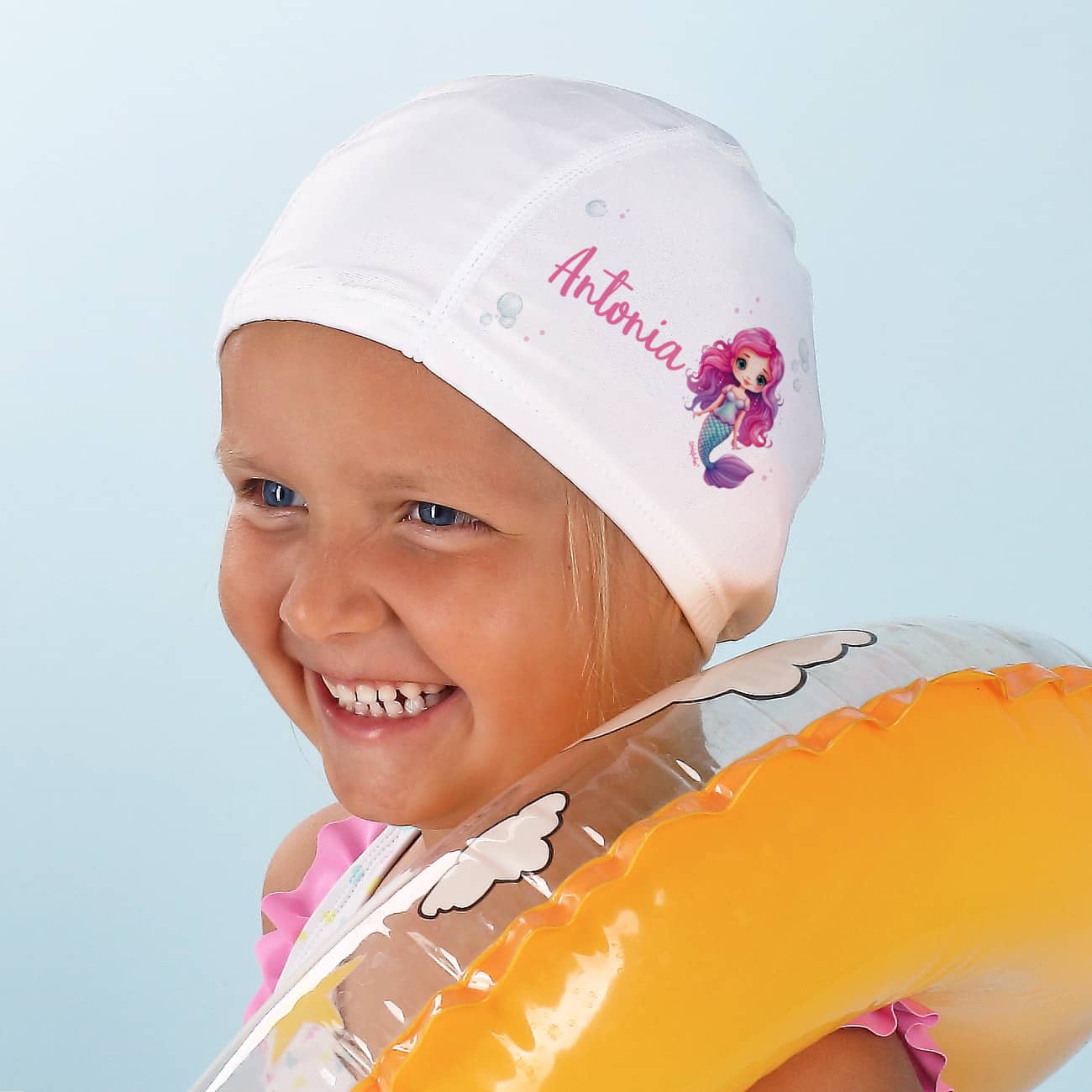 Kinderbadekappe mit Meerjungfrauen-Motiv und Name bedruckt
