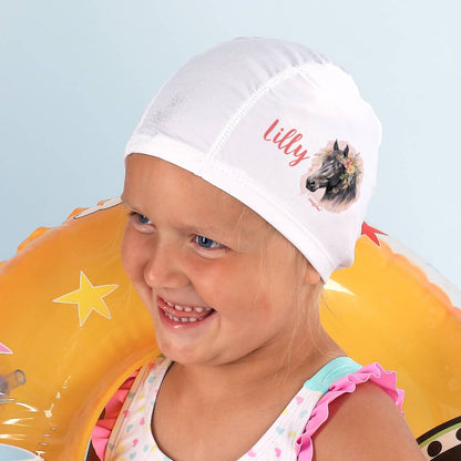 Kinderbadekappe mit Pferde-Motiv und Name bedruckt
