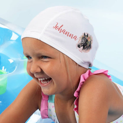 Kinderbadekappe mit Pferde-Motiv und Name bedruckt