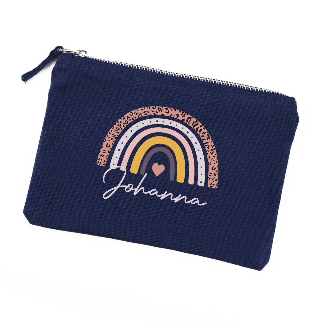 dunkelblaues Beautycase mit Regenbogen-Motiv und Name