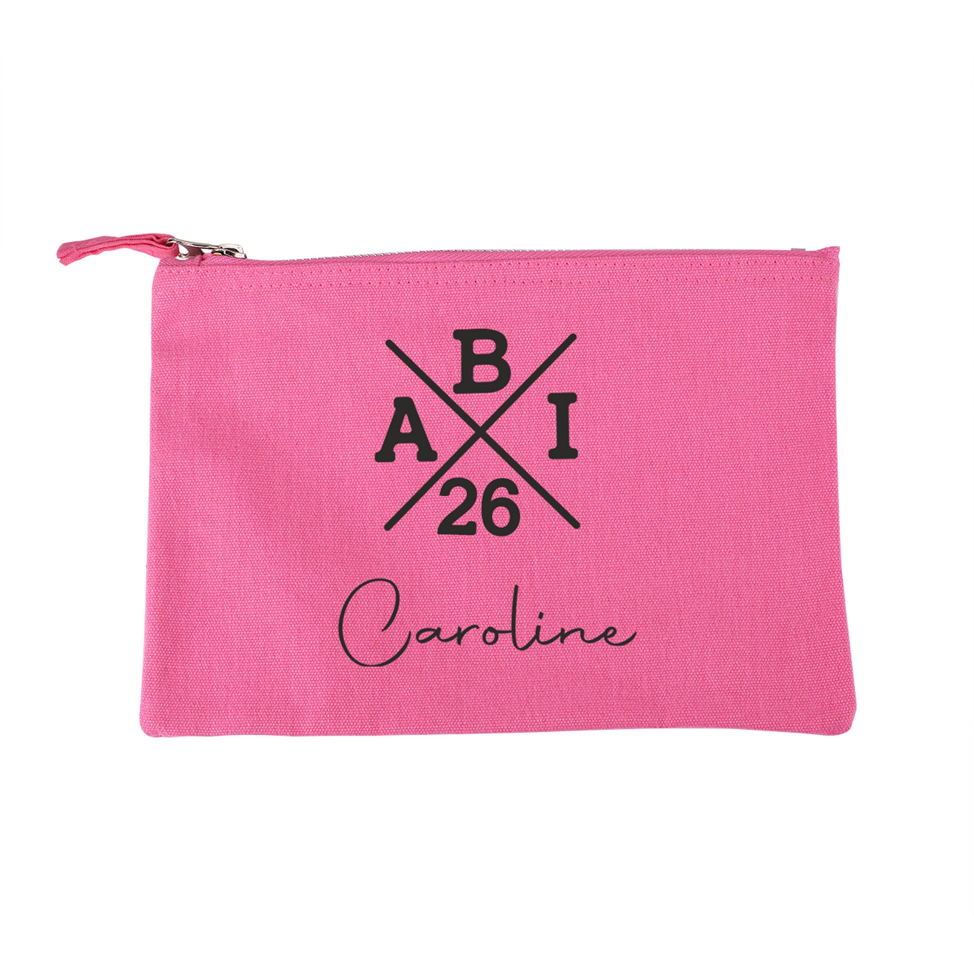 ABI kleine pinke Tasche mit Name "Caroline" zum Abitur freigestellt auf weißem Hintergrund