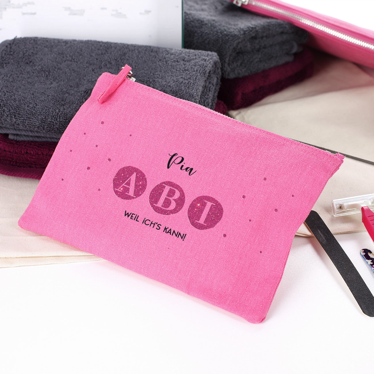 ABI Beautycase in Pink mit Name & Wunschtext - 2 Größen auswählbar