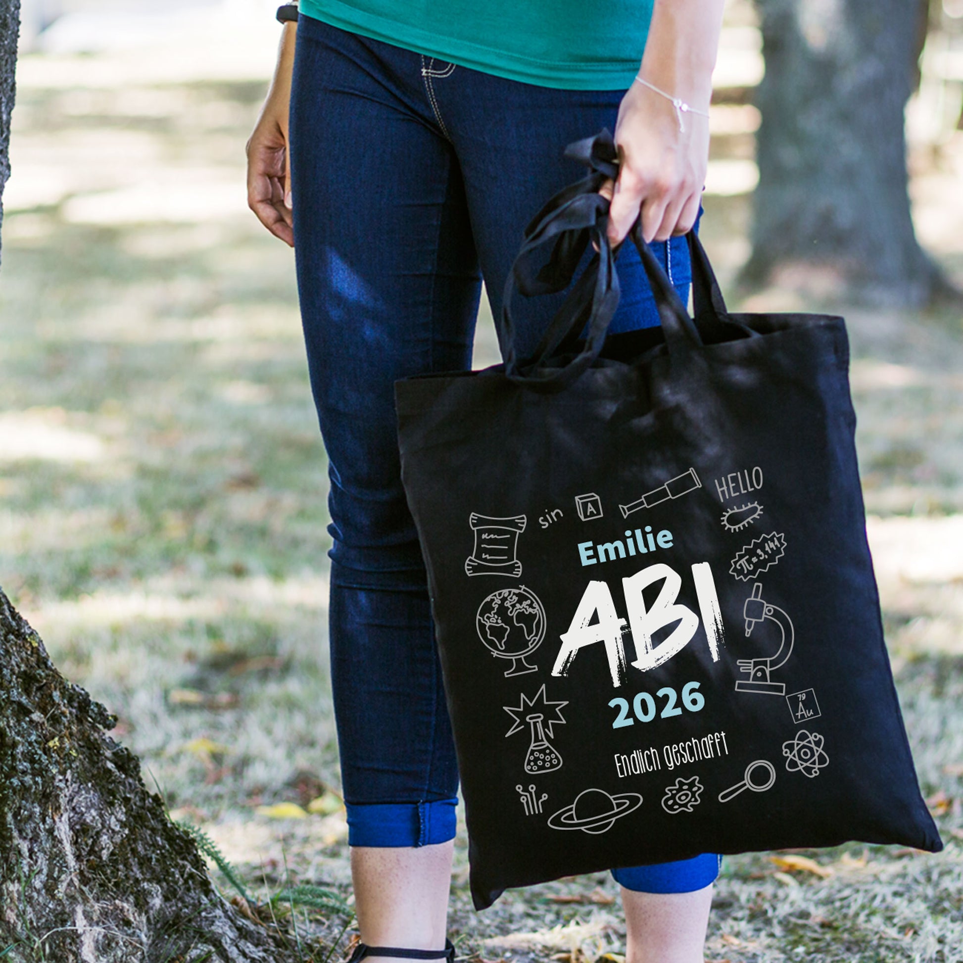 Baumwolltasche zum bestandenen Abitur mit Name "Emilie", Jahr und Wunschtext