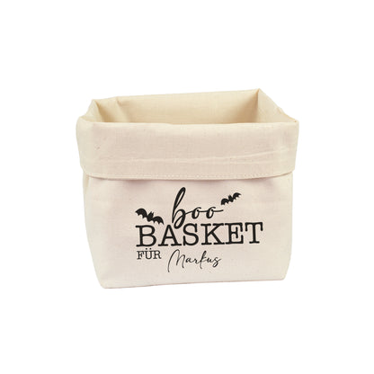 Personalisierter Halloween Boo Basket für Markus aus naturfarbenem Baumwollstoff mit schwarzem Fledermaus-Motiv
