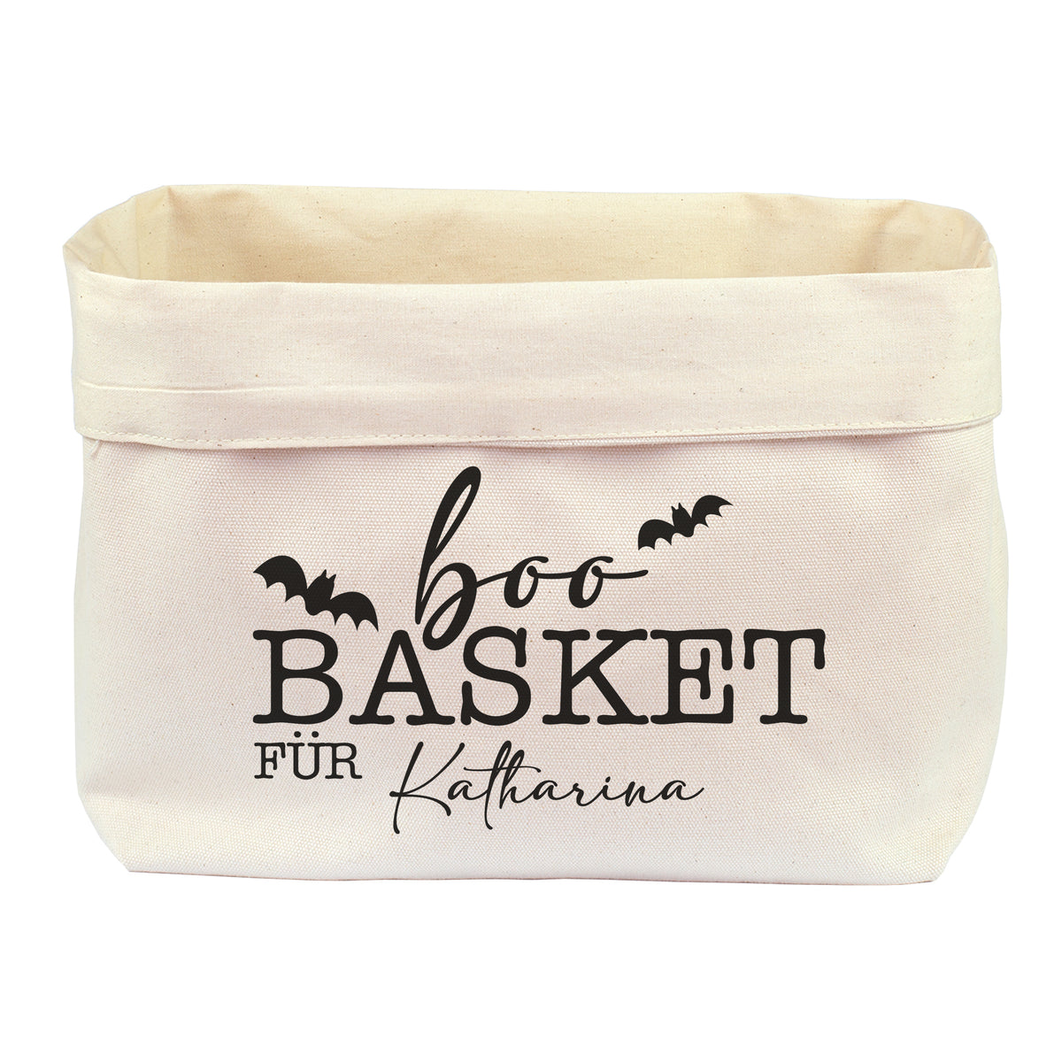 Großer personalisierter Boo Basket für Katharina aus Baumwolle mit schwarzem Halloween-Aufdruck und Wunschname