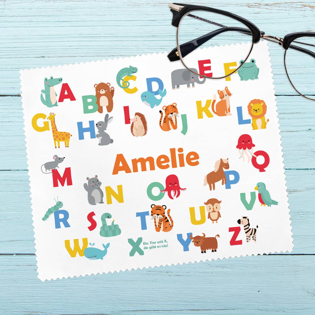 ABC mit Tieren und Name bedrucktes Brillenputztuch