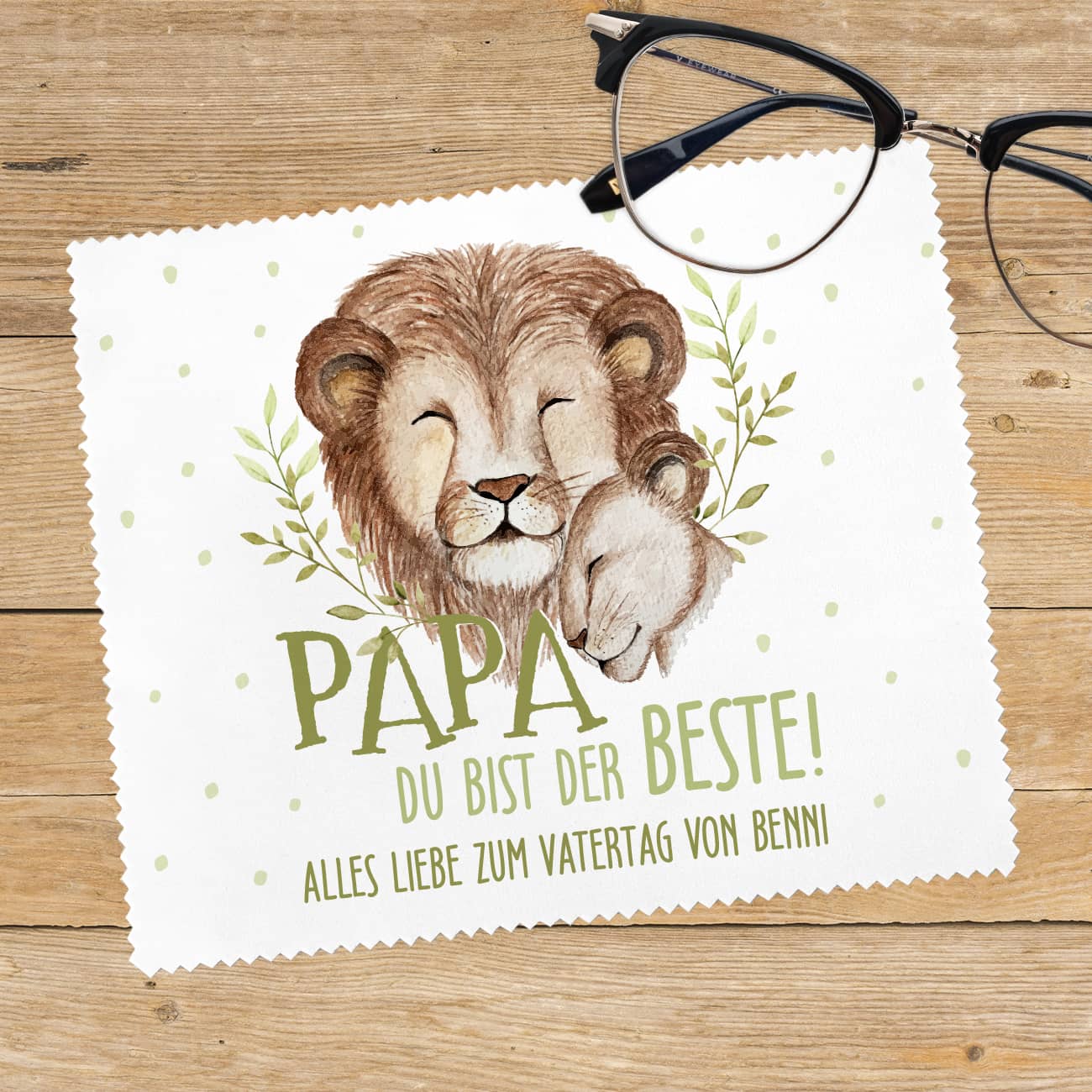 Brillenputztuch zum Vatertag mit Löwen Motiv und Text bedruckt