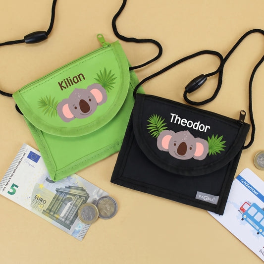 Grüner und schwarzer Brustbeutel mit personalisiertem Koala-Motiv, Geld und Schülerticket