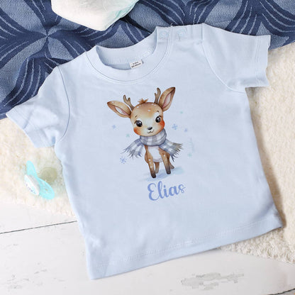 Babyshirt in blau mit niedlichem Rentier und Name