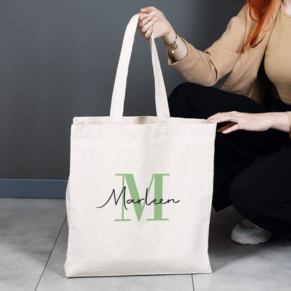 Einkaufstasche mit Initiale in Grün und Name personalisiert
