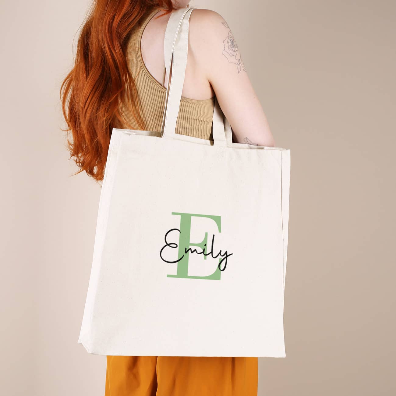 Baumwolltasche mit Initiale in Grün und Name bedruckt